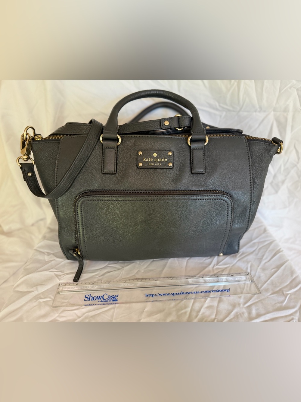kate spade Dark Grey Pebbled Leather Satchel with Gold Hardware